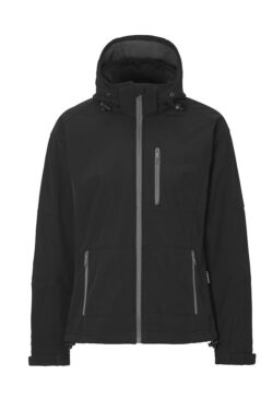 Softshell jakke med kontrast mikrofleece på indersiden. Vind- og vandafvisende (WP3000/MVP2000). Justerbar hætte og ærmeafslutninger med velcro. Elastik med stop i hætte og bund. Bryst-