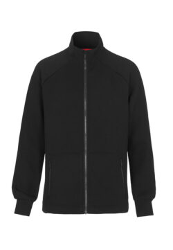 Dobbeltstrikket sweatshirt med stræk for ekstra komfort. Manchetter. Formsyet dobbeltkrave. Gennemgående lynlås og sidelommer. Raglan ærmer og længere bagstykke for bedre pasform. Findes i herre- og damemodel.
