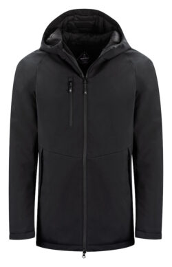 Mellemlang vinterjakke i softshell med fleece på indersiden. Vandafvisende tovejs lynlås på front samt vandafvisende lynlås på brystlomme. Vatteret med inderlomme. Findes i både herre- og damemodel.