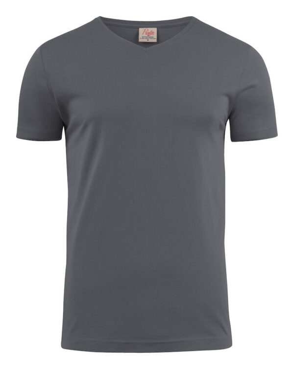 Moderne V-hals T-shirt med forstærkede skuldersømme og hals. Elastisk tolags rib i halsåbning. OEKO-TEX 100 certificeret. Findes i både herre- og damemodel.